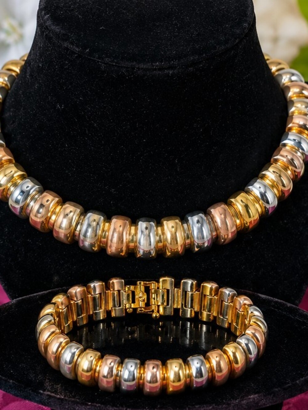 Vintage 1990s Tri-Tone Collar Necklace & Bracelet Set | Heavy Gold Rose & Silver